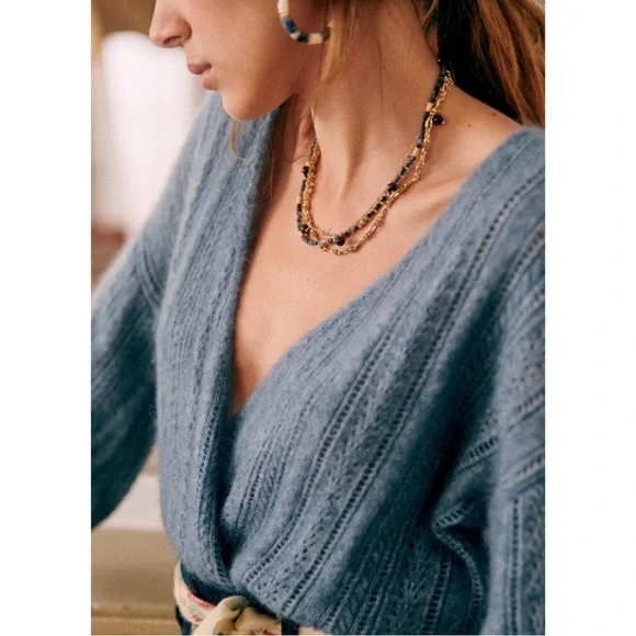 SEZANE Blue Mohair Wool V Neck Crossover Cristina Sweater Balloon Sleeve Jumper - Picture 10 of 17